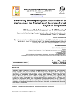 Biodiversity and Morphological Characterization of Mushrooms at the Tropical Moist Deciduous Forest Region of Bangladesh