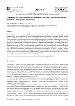 Taxonomy and Redescription of the Atherton Antechinus, Antechinus Godmani (Thomas) (Marsupialia: Dasyuridae)