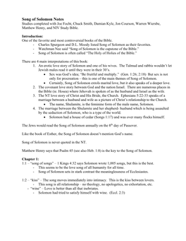 Song of Solomon Notes Studies Completed with Joe Focht, Chuck Smith, Damian Kyle, Jon Courson, Warren Wiersbe, Matthew Henry, and NIV Study Bible