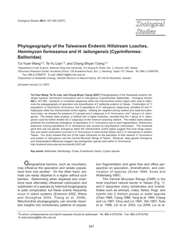 Phylogeography of the Taiwanese Endemic Hillstream Loaches, Hemimyzon Formosanus and H