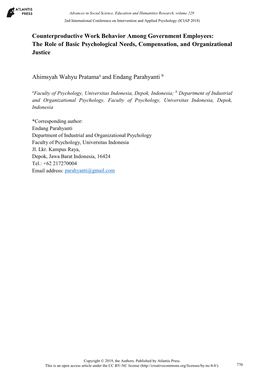 Counterproductive Work Behavior Among Government Employees: the Role of Basic Psychological Needs, Compensation, and Organizational Justice