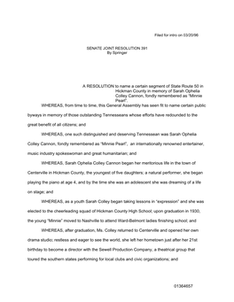 01364657 a RESOLUTION to Name a Certain Segment of State Route 50 in Hickman County in Memory of Sarah Ophelia Colley Cannon, Fo