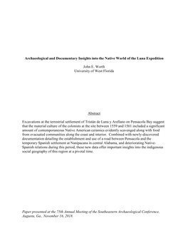 Archaeological and Documentary Insights Into the Native World of the Luna Expedition John E. Worth University of West Florida Ab