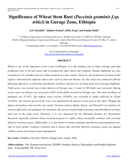 Significance of Wheat Stem Rust (Puccinia Graminis F.Sp. Tritici) in Gurage Zone, Ethiopia