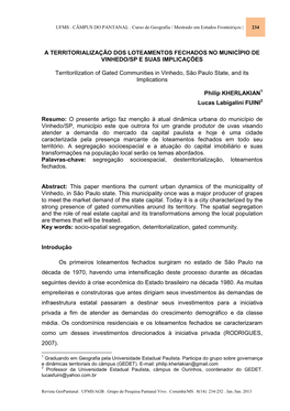 A Territorialização Dos Loteamentos Fechados No Município De Vinhedo/Sp E Suas Implicações