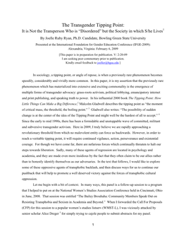 The Transgender Tipping Point: It Is Not the Transperson Who Is Disordered but the Society in Which S/He Lives1 by Joelle Ruby Ryan, Ph.D