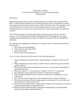 Boy Scouts of America Youth Protection Guidelines for Adult Venturing Leaders Training Guide