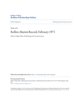 Rollins Alumni Record, February 1971 Rollins College Office Ofa M Rketing and Communications