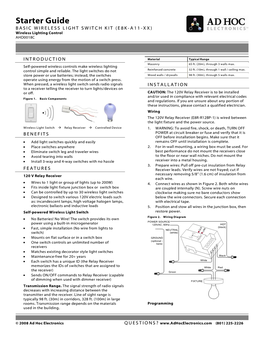 Starter Guide B a S I C W I R E L E S S L I G H T S W I T C H K I T ( E 8 K - a 1 1 - X X ) Wireless Lighting Control AHD0018C