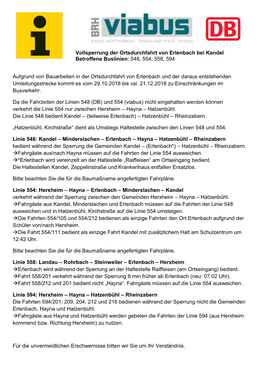 Vollsperrung Der Ortsdurchfahrt Von Erlenbach Bei Kandel Betroffene Buslinien: 548, 554, 558, 594