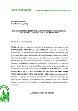 TRIBUNAL ADMINISTRATIVO DE RECURSOS CONTRACTUALES Recurso 123/2013 Resolución 125/2013 RESOLUCIÓN DEL TRIBUNAL ADMINISTRATIVO