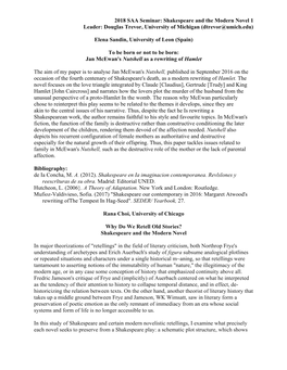 Shakespeare and the Modern Novel 1 Leader: Douglas Trevor, University of Michigan (Dtrevor@Umich.Edu)