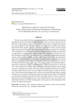 Protests in the City and the Country: Social Reactions in Western Pomerania in Response to the Workers’ Revolt of 1970/1971 in Szczecin