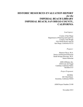 HISTORIC RESOURCES EVALUATION REPORT for the IMPERIAL BEACH LIBRARY IMPERIAL BEACH, SAN DIEGO COUNTY, CALIFORNIA