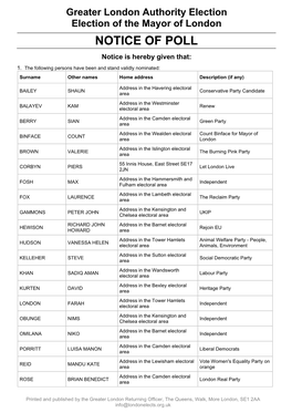 Notice of Poll for London Mayor 2021