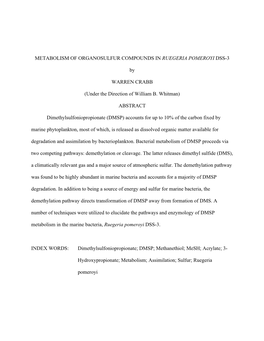 Metabolism of Organosulfur Compounds in Ruegeria Pomeroyi Dss-3