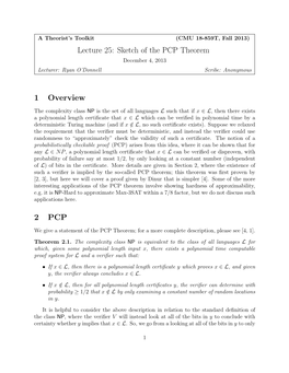 Lecture 25: Sketch of the PCP Theorem 1 Overview 2