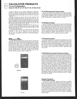 CALCULATOR PRODUCTS Personal Computation Models HP 10B, HP 12C, HP 14B, HP 17B, HP 19B, HP 20S