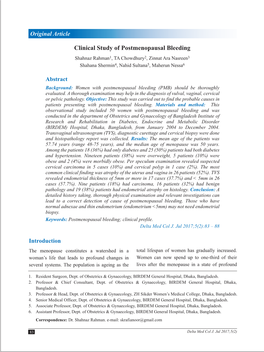 Clinical Study of Postmenopausal Bleeding Shahnaz Rahman1, TA Chowdhury2, Zinnat Ara Nasreen3 Shahana Shermin4, Nahid Sultana5, Maherun Nessa6