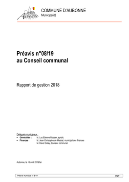 Préavis N°08/19 Au Conseil Communal