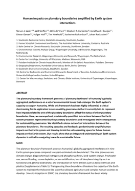 Human Impacts on Planetary Boundaries Amplified by Earth System Interactions