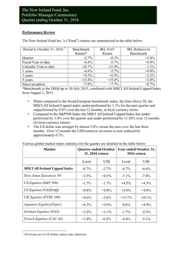 The New Ireland Fund, Inc. Portfolio Manager Commentary Quarter Ending October 31, 2016