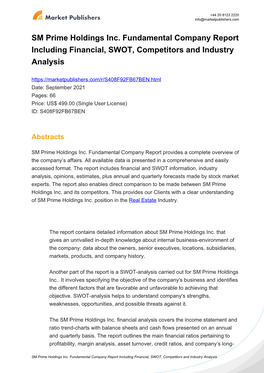 SM Prime Holdings Inc. Fundamental Company Report Including Financial, SWOT, Competitors and Industry Analysis