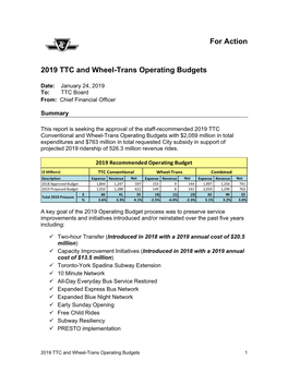 2019 Toronto Transit Commission and Wheel-Trans Operating Budgets