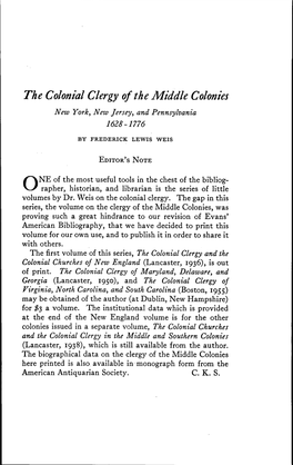 The Colonial Clergy of the Middle Colonies New York, New Jersey, and Pennsylvania 1628-1776
