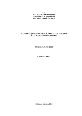 T.C. Balikesġr Ünġversġtesġ Fen Bġlġmlerġ Enstġtüsü Bġyolojġ Anabġlġm Dali Manyas Kuġ Gölü' Nün Balik Fauna