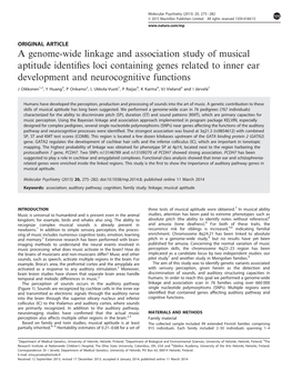 A Genome-Wide Linkage and Association Study of Musical Aptitude Identiﬁes Loci Containing Genes Related to Inner Ear Development and Neurocognitive Functions