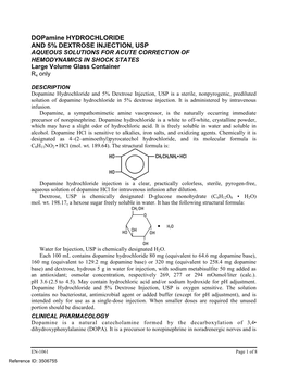 Dopamine HYDROCHLORIDE and 5% DEXTROSE INJECTION, USP AQUEOUS SOLUTIONS for ACUTE CORRECTION of HEMODYNAMICS in SHOCK STATES Large Volume Glass Container Rx Only