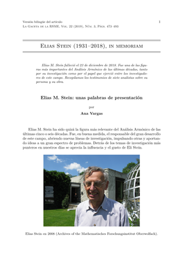 Elias Stein (1931–2018), in Memoriam