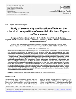 Study of Seasonality and Location Effects on the Chemical Composition of Essential Oils from Eugenia Uniflora Leaves