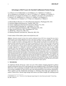 IFE/P6-07 Advantages of Krf Lasers for Inertial Confinement Fusion