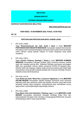 Malaysia Dewan Rakyat Aturan Urusan Mesyuarat