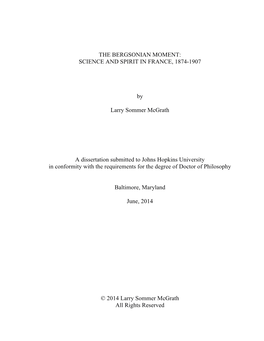 The Bergsonian Moment: Science and Spirit in France, 1874-1907