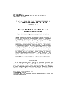 SPATIAL and FUNCTIONAL STRUCTURE of RURAL SETTLEMENTS in MUNICIPALITIES of NIŠ UDC 711.3(497.11) Milica Igić, Petar Mitkovi