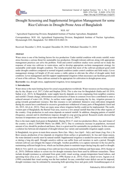 Drought Screening and Supplemental Irrigation Management for Some Rice Cultivars in Drought Prone Area of Bangladesh