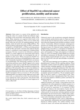 Effect of Stard13 on Colorectal Cancer Proliferation, Motility and Invasion