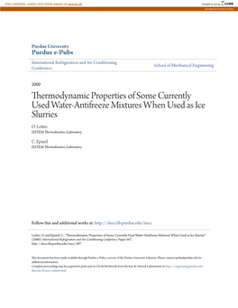 Thermodynamic Properties of Some Currently Used Water-Antifreeze Mixtures When Used As Ice Slurries O