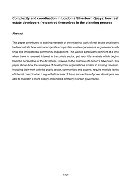 Complexity and Coordination in London's Silvertown Quays: How