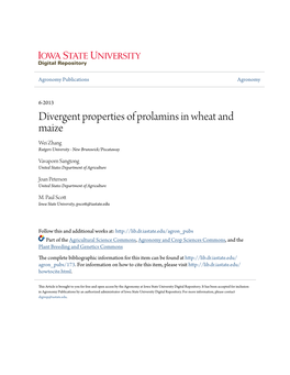 Divergent Properties of Prolamins in Wheat and Maize Wei Zhang Rutgers University - New Brunswick/Piscataway