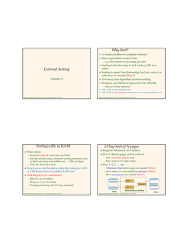 External Sorting Why Sort? Sorting a File in RAM 2-Way Sort of N Pages