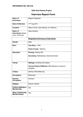 GAA Oral History Project Interview Report Form