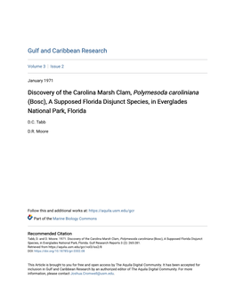 Discovery of the Carolina Marsh Clam, Polymesoda Caroliniana (Bosc), a Supposed Florida Disjunct Species, in Everglades National Park, Florida