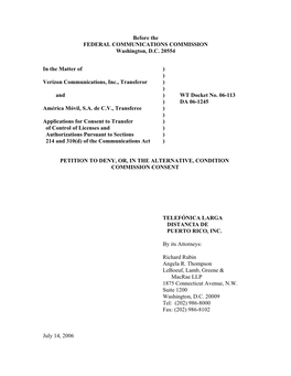 Before the FEDERAL COMMUNICATIONS COMMISSION Washington, D.C. 20554 in the Matter of ) ) Verizon Communications, Inc., Transfero