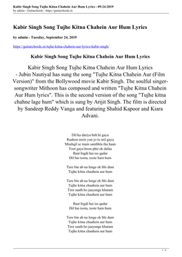 Kabir Singh Song Tujhe Kitna Chahein Aur Hum Lyrics - 09-24-2019 by Admin - Guitarchords
