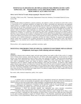 Potencial Da Região Sul De Minas Gerais Para Produção De Cafés Especiais