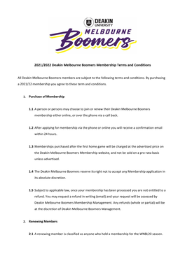 2021/2022 Deakin Melbourne Boomers Membership Terms and Conditions